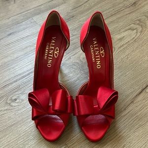 Red Open-Toed Valentino Heels with Bow Detail